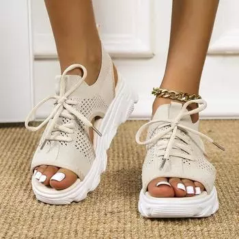Women s Platform Sports Sandals, Casual Knitted Hollow Out Lace Up Peep Toe Shoes, Outdoor Non Slip Sandals 35 бежевый