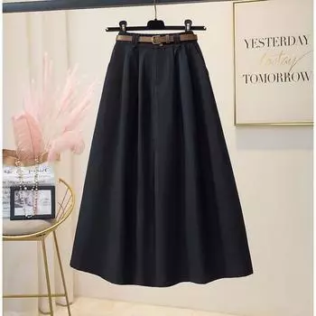 Women s Pleated A- Line Midi Skirt Women s Summer High Waist Slimming Drapey Half-length Umbrella Skirt XL чёрный