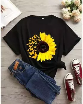Women s Plus Size Butterfly and Sunflower Print T-Shirt - Casual Short Sleeve Tee with Round Neckline 1XL чёрный