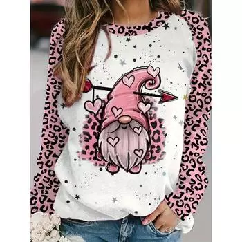 Women s Plus Size Heart Dwarf Print Long Sleeve T-Shirt Casual Crew Neck Top Comfortable Everyday Wear Valentine s Day S