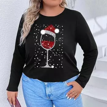 Women s Plus Size Loose Christmas T-shirt 0XL чёрный