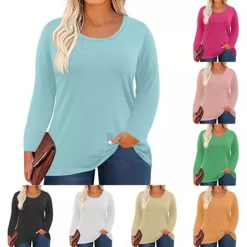 Women s Plus-size Model O-neck Long Sleeve Solid Color Top XXXL