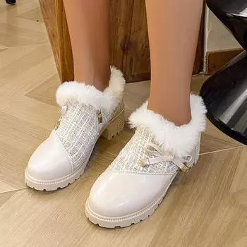 Женские зимние ботинки больших размеров с круглым носком, повседневные, короткие, на толстом квадратном каблуке, с флисовым мехом, нескользящие, хлопковые, 36-42 36