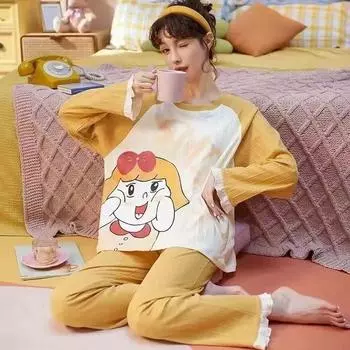 Women‘s Plus Size Spring Fall and Winter Long Sleeve Long Pants Sleepwear Simple Nightwear Loungewear Set Girl Cartoon Pajamas M