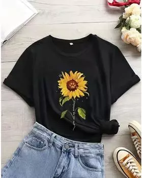 Women s Plus Size Sunflower & Slogan Print Casual T-shirt with Short Sleeves and Round Neck - Comfortable and Stylish 1XL чёрный