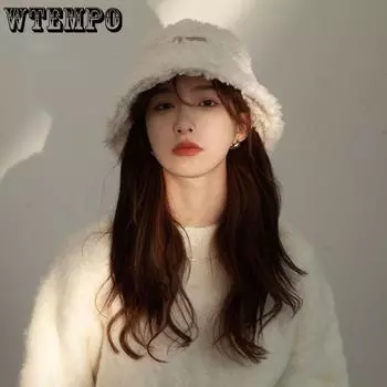 Women s Plush Fisherman Hat Autumn Winter Thickened Warm Bucket Cap Versatile Basin Cap чёрный