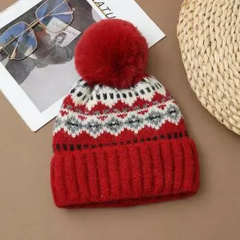 Women s Plush Hairball Christmas Hat Autumn and Winter Leisure Ethnic Style Ribbed Wool Hat Outdoor Cold-proof Warm Hat One Size