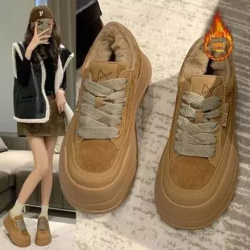 Women s Plush Thick-soled Lace-up Wear-resistant Sneakers Casual Warm Comfortable Breathable and Versatile Women s Sports Shoes 35 бежевый
