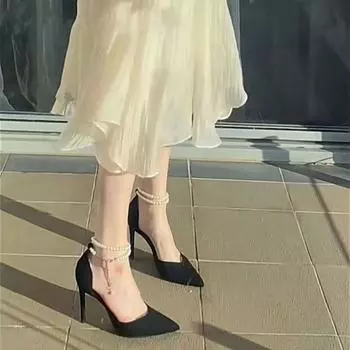 Women s pointed high heels with pearl chain 2025 new thin heel black suede temperament banquet shoes 34