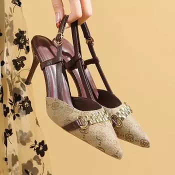 Женские туфли-лодочки на высоком каблуке с острым носком, с декоративной пряжкой в виде металлической цепочки, модные, в стиле ретро, роскошные, прочные, нескользящие, размеры 34-42, шпильки 35