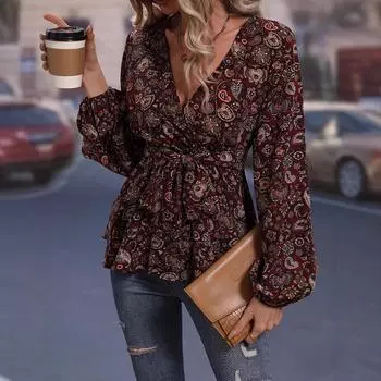 Женская рубашка премиум-класса из шифона с принтом и кружевным нижним краем S коричневый