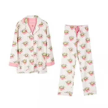 Women s Print Cotton Pajama Set Long Sleeve Autumn Winter Ladies Sleepwear 2 Pcs with Pant Single Breasted Pijama Suit Female XS