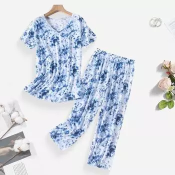 Women s Printed 2 Piece Pajama Set Short Sleeve Round Neck Top Long Pants S синий