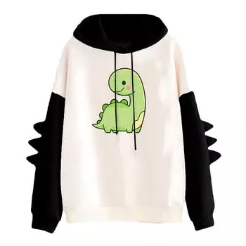 Women s Printed Contrasting Dinosaur Loose Casual Hoodie L чёрный