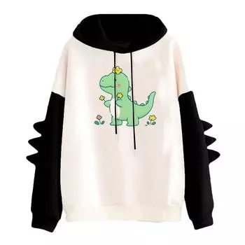 Women s Printed Contrasting Dinosaur Loose Casual Hoodie L чёрный