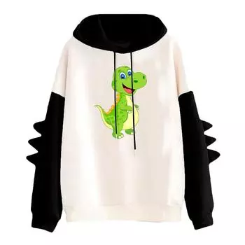 Women s Printed Contrasting Dinosaur Loose Casual Hoodie L чёрный