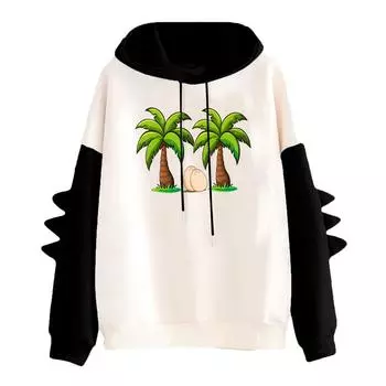 Women s Printed Contrasting Dinosaur Loose Casual Hoodie L чёрный