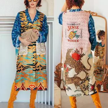 Women s Printed Creative Lace-up Long Sleeve Cardigan Dress Pocket Women S