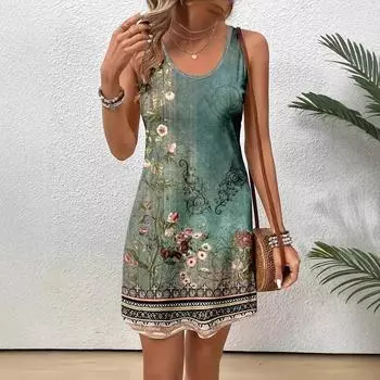 Women s Printed Dress Summer Sleeveless Mid Length Dresses S зелёный