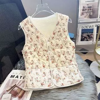 Women s Printed Fleece-Lined Vest Autumn/Winter Lamb Fleece Inner-Wear Close-Fitting Thick Cotton Sleeveless Jacket M
