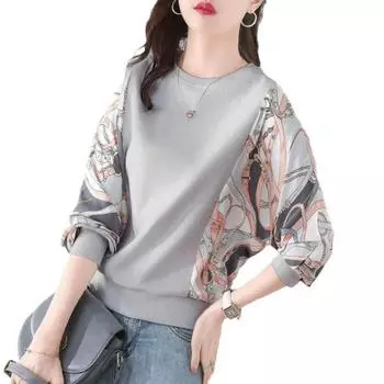 Women s Printing Sweatshirts Spring Fashion Tops Large Loose Round Neck Splicing Elegant All-match Pullover L серый