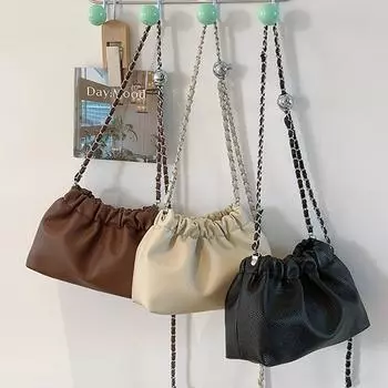 Женская ПУ сумка кроссбоди с цепочкой монохромная на плечо плиссированный дизайн со шнурком мода