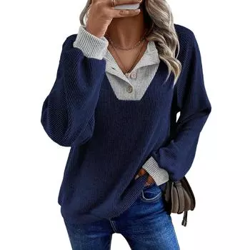 Women s Pullover Lapel Sweatshirt Fashionable Stitching Contrast Color Top L кофейный