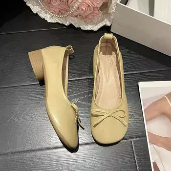 Женские туфли-лодочки 2024 года, осенние балетки, женские туфли-лодочки без застежек, круглый носок, мокасины с бантом, мягкие, удобные, неглубокие 35 бежевый