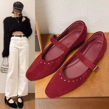 Women s Pumps 2024 Autumn New Red Square Toe Mary Jane Shoes Comfortable Shallow Mouth Women s Single Shoes Zapatos De Mujer 35 чёрный