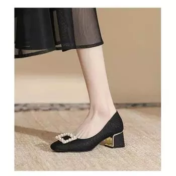 Women s Pumps Pearl Thick Mid Heel 2024 Square Toe New Casual Large Shoes Spring Autumn Solid Sneaker Mary Jane Platform Wedding 35 абрикосовый