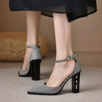 Women s Pumps Vintage Pointed Toe Chunky Heel Strange Style Lattice Hollow High Heels Party Leather Shoes Plus Size 42 35 абрикосовый