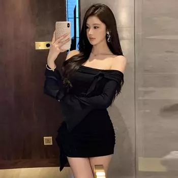Women s pure desire babes fungus edge slim-fitting long-sleeved dress tide S чёрный