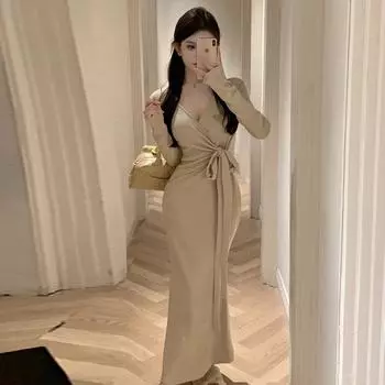 Women s pure desire cross-strap slim long-sleeved fishtail dress S