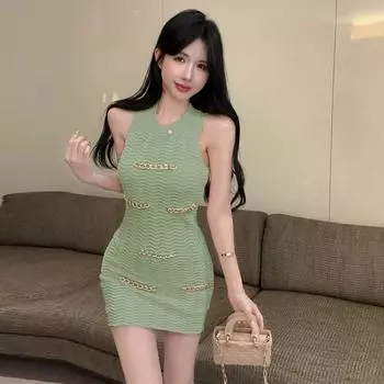 Women s pure desire Spice girl neck sleeveless chain knitted dress one size fits all чёрный