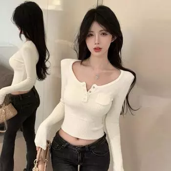 Women s pure desire U-neck knitted sweater slim-fitting short open-button top One size белый