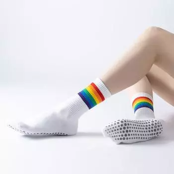 Women s Rainbow Striped Mid-Calf Length Workout Aerobics Socks White-Toe