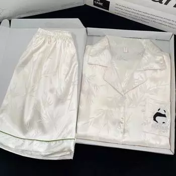 Женский комплект пижамы из искусственного шелка, летняя новая пижама с вышитой пандой, милый женский комплект пижамы, топы, шорты, пижамы, домашняя одежда M