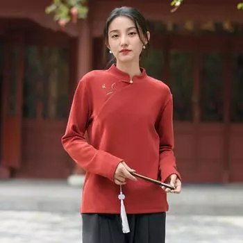 Women s Red Embroidered Velvet Top - Chinese Style, Half-High Collar, Winter Wear L [suggested 105-120]