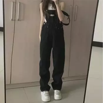 Women s Retro Denim Overalls: New Spring & Autumn Styles, Loose Fit, High Waist, Slimming, Age-Defying, Stylish Jumpsuit X-Large чёрный