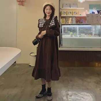 Women s Retro Hepburn Style Navy Collar A-Line Dress - Slim Fit for Autumn & Winter Large кофейный/красный