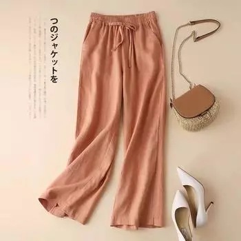 Women s Retro High-Waist Wide Leg Pants Breathable Loose Casual Summer Pants with Pockets M бежевый