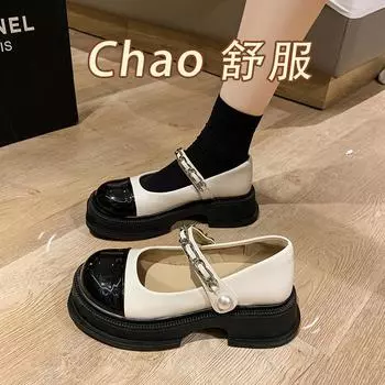 Women s Retro Mary Jane Shoes Thick Sole Heightening Shoes Square Toe Chain Buckle Casual Sweet Autumn Fashion Women s Shoes 35 бежевый