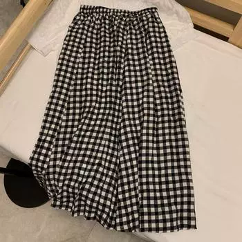 Women s Retro Plaid A-Line Skirt - Summer High-Waist, Elastic Cotton-Linen Blend, Knee-Length L