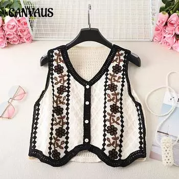 Женский жилет в стиле ретро с ромбической решеткой, полым крючком и цветком, свободный повседневный короткий абзац снаружи с тонким жилетом, кардиган, куртка, топы One Size чёрный