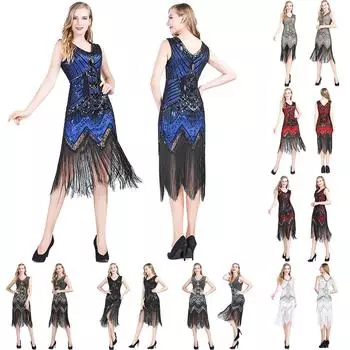 Women s Retro Sequin Sleeveless Tassel Skirt Sequin Party Dance Dress L бежевый