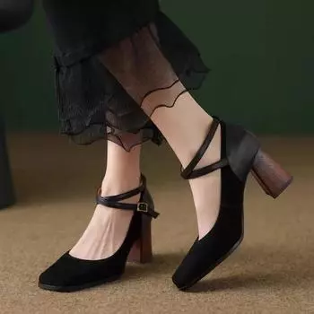 Women s Retro Square Toe Thick-soled Pumps Cross Buckle Strap Mary Jane Shoes High Heels Women s Buckle Block Heels 35 чёрный