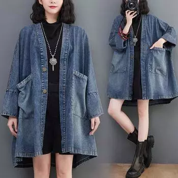 Women s Retro V-neck Pocket Denim Jacket Loose Large Medium Length Trench Coat XXL синий