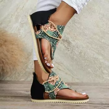 Women s Rose & Leopard Print Thong Sandals Roman Style Anti-slip Beach Sandals For Vacation 36