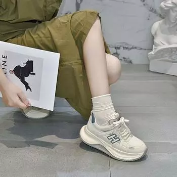 Women s round head thick-soled lace-up casual shoes sports style white shoes mesh travel shoes 35