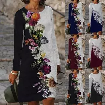 Женское повседневное платье с длинным рукавом с круглым вырезом и принтом XXL тёмно-синий